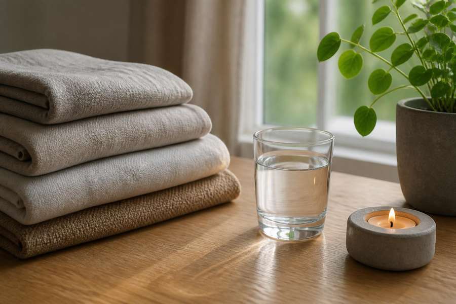 Editorial still life of soft neutral fabrics conveying comfort and wellness
