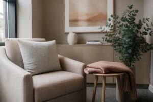 Calm, softly lit consultation room seating area at a women's wellness clinic