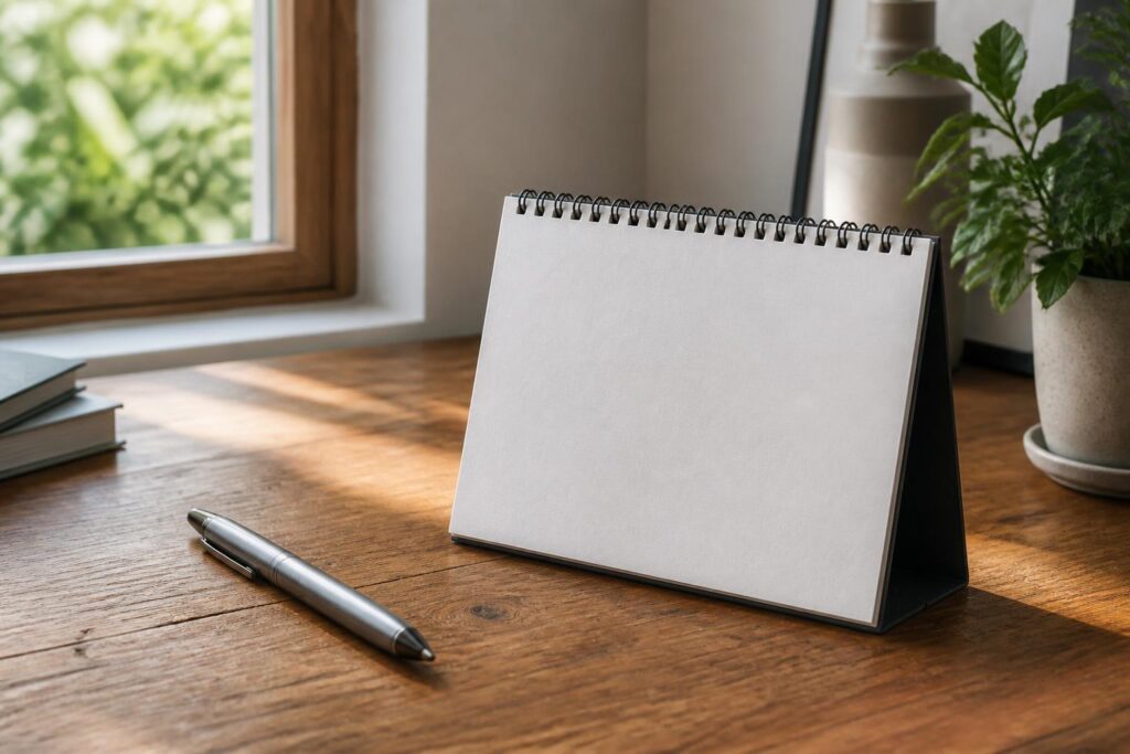 A blank desk calendar and pen on a sunlit wooden desk