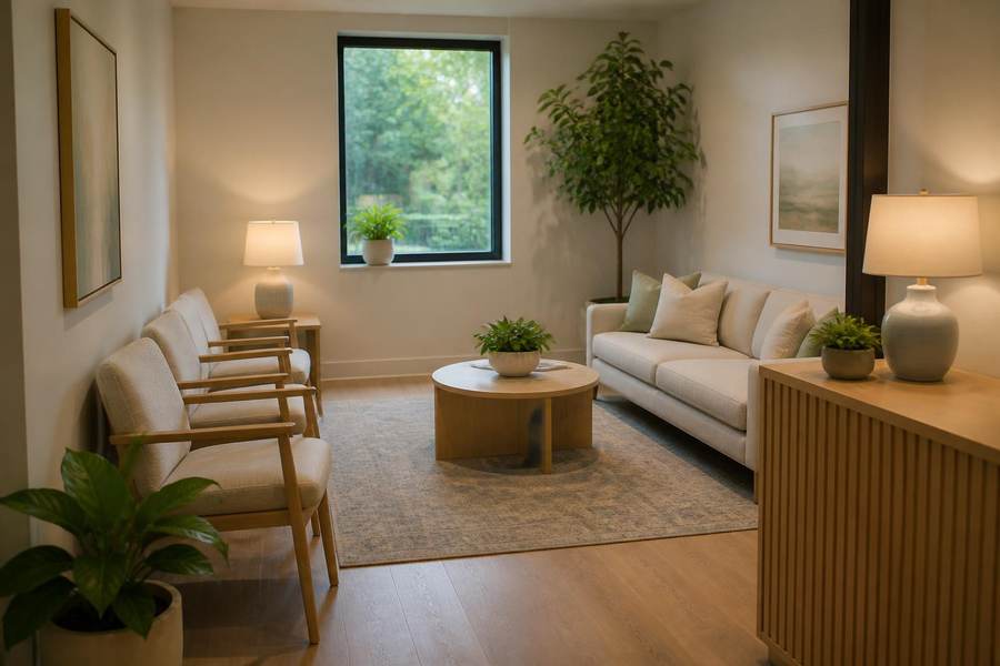 Welcoming women's health clinic waiting room with comfortable seating
