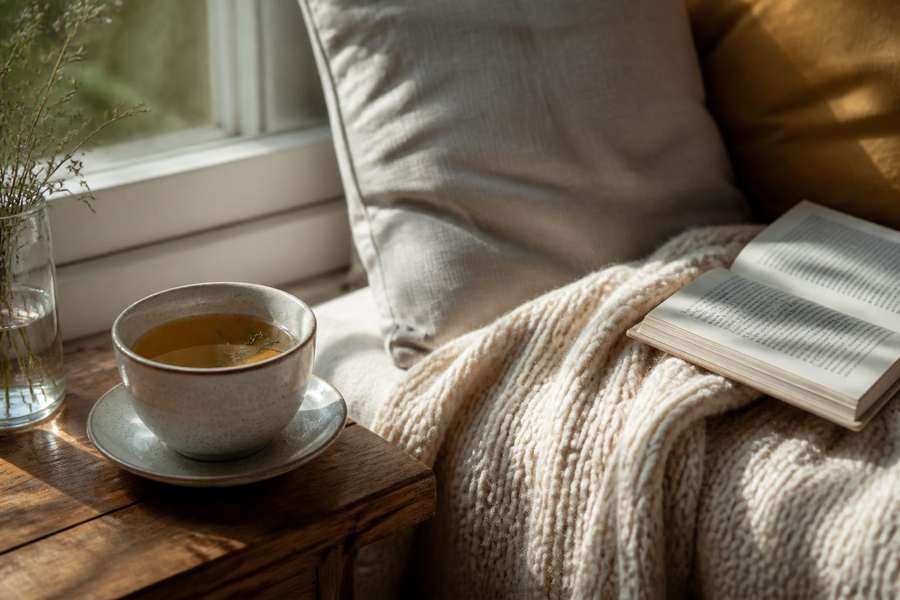Cozy reading nook with warm tea and a soft blanket for postpartum self-care