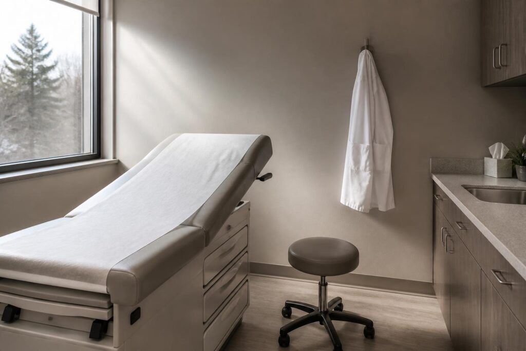 Clinic exam room with a draped exam table, rolling stool, and sink counter