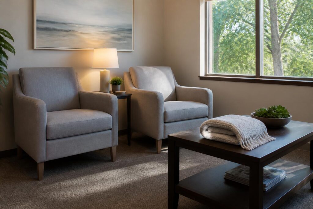 Bright, comfortable clinic waiting room with soft natural light
