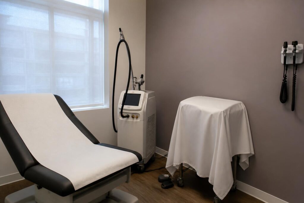 Clean, modern clinic treatment room with a draped exam table
