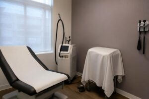Clean, modern clinic treatment room with a draped exam table