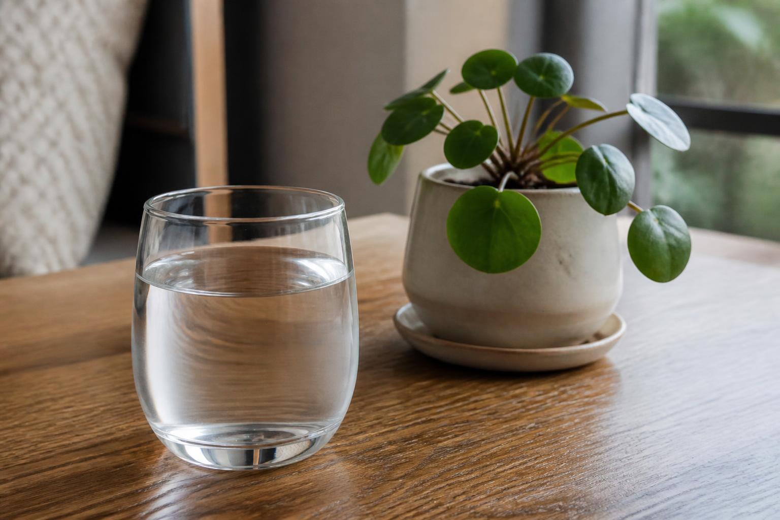 A glass of water beside a small potted plant on a wooden table