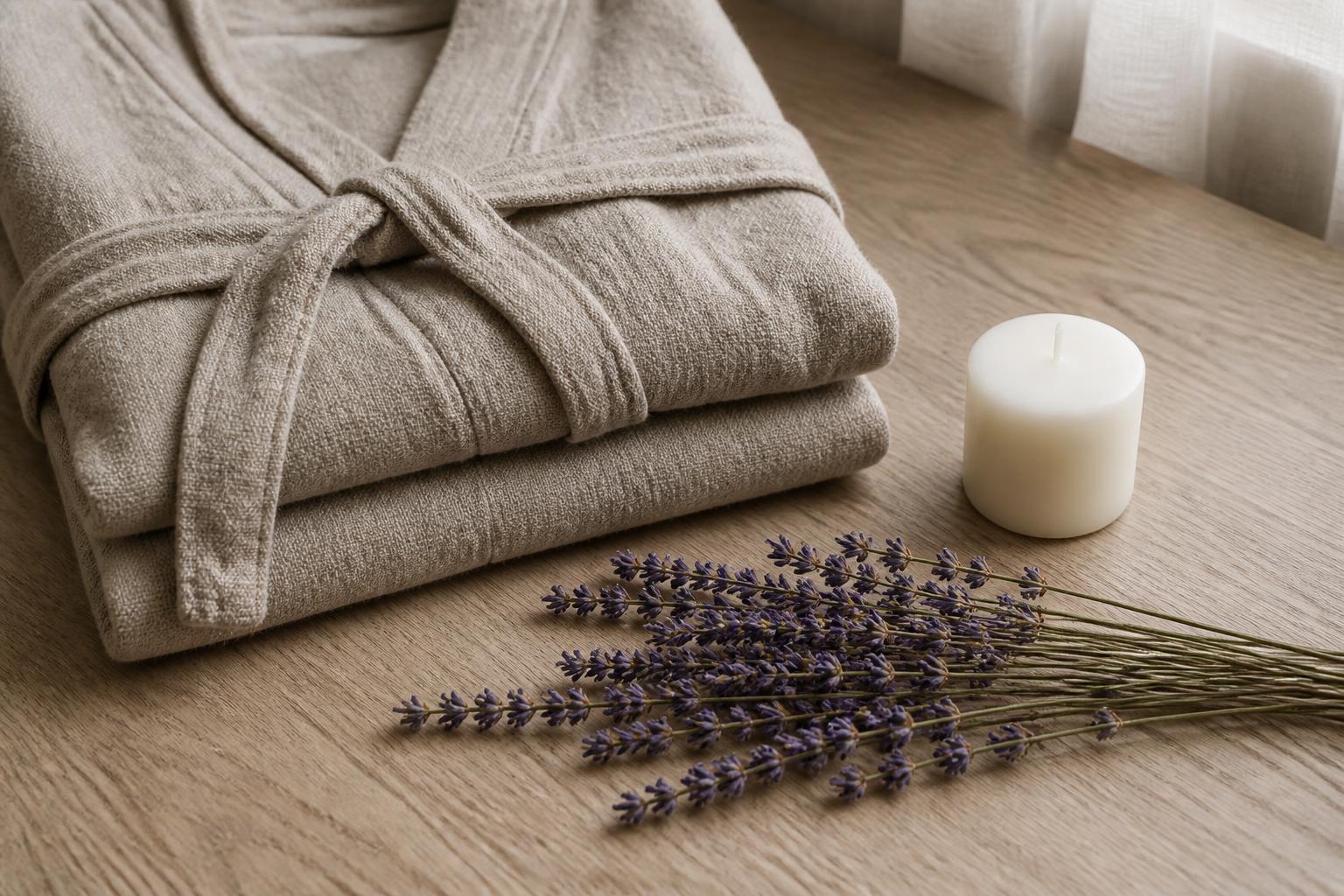 A folded linen robe, unlit candle, and lavender sprig on a wood surface