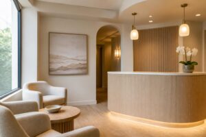 Warm, welcoming reception desk at a women's wellness clinic