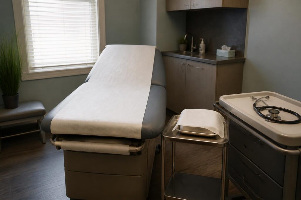 Clinic exam room with an exam table, stainless cart, and stethoscope tray