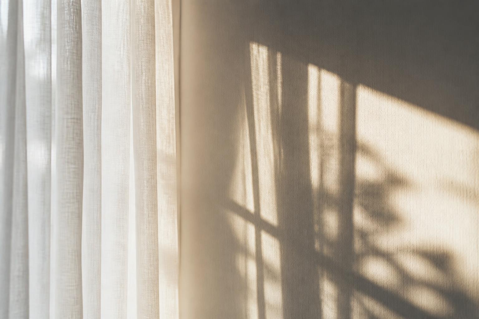 Soft morning light through sheer curtains casting gentle shadows on a wall