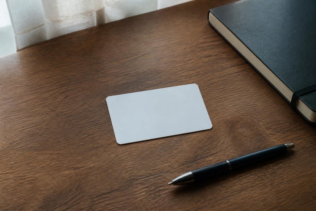 A blank health card and pen resting on a wooden desk