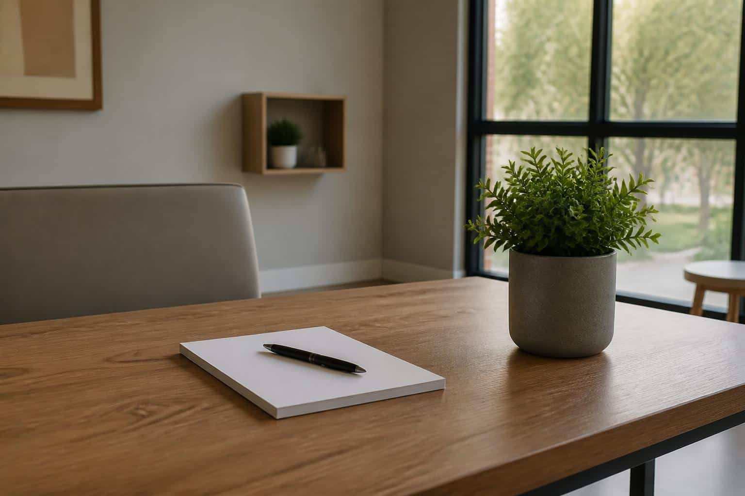 A tidy consultation desk with a notepad and pen near a sunlit window