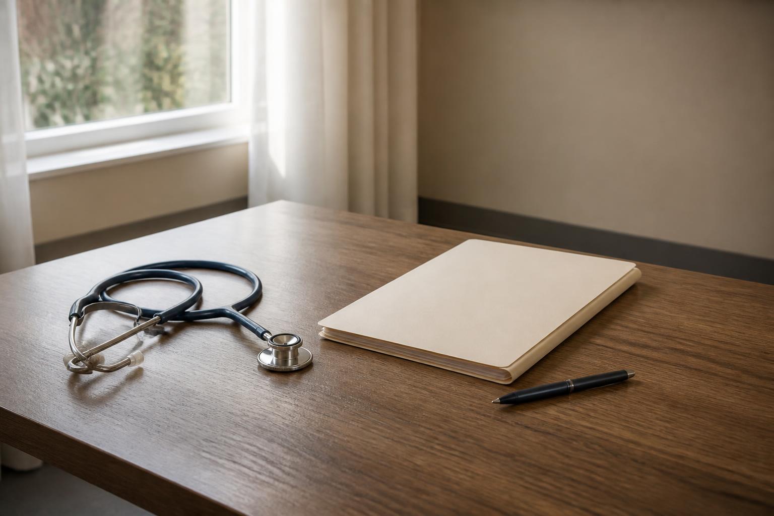 Illustration of a stethoscope beside a closed folder in a clinical office
