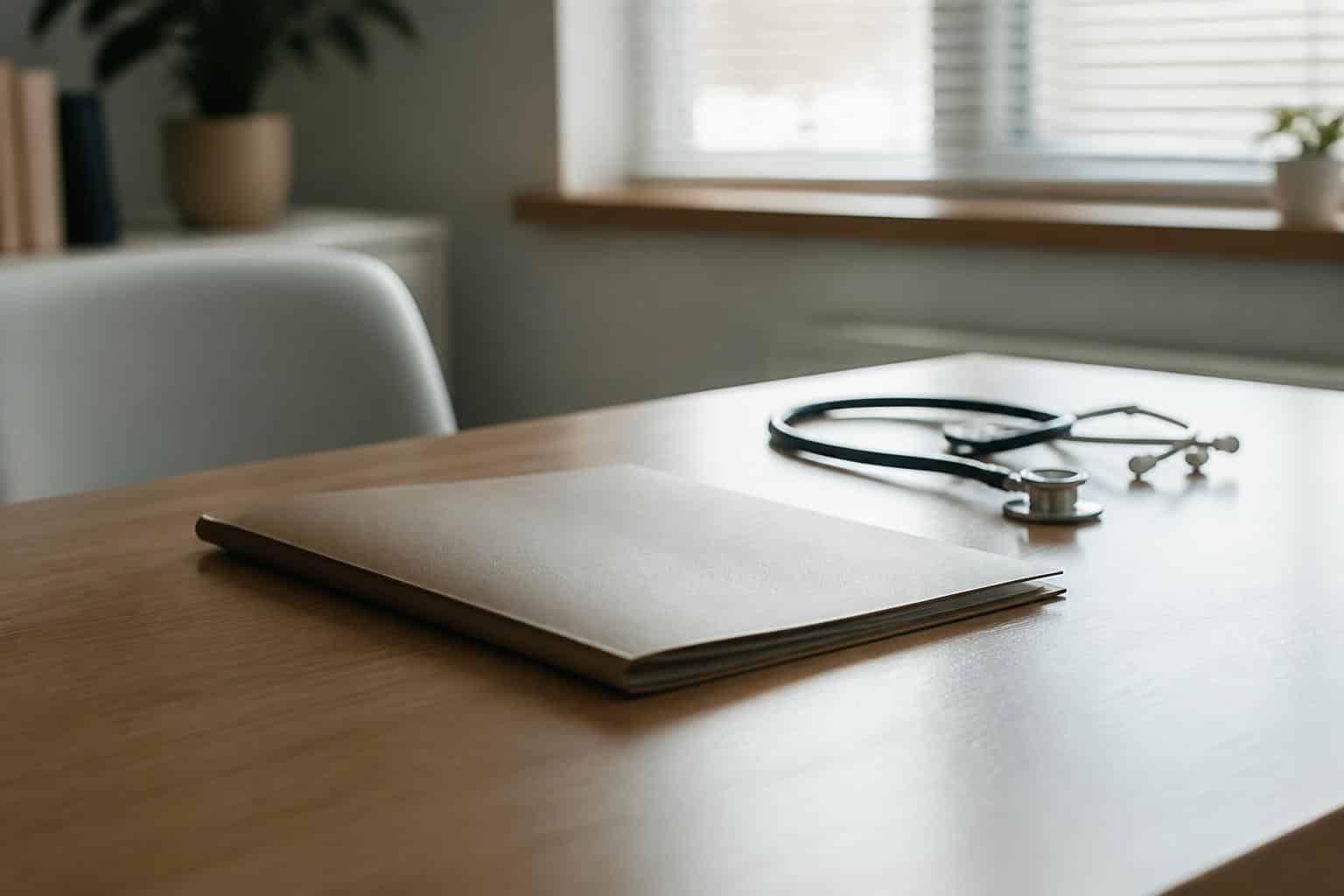 A closed medical folder and stethoscope resting on a consultation table