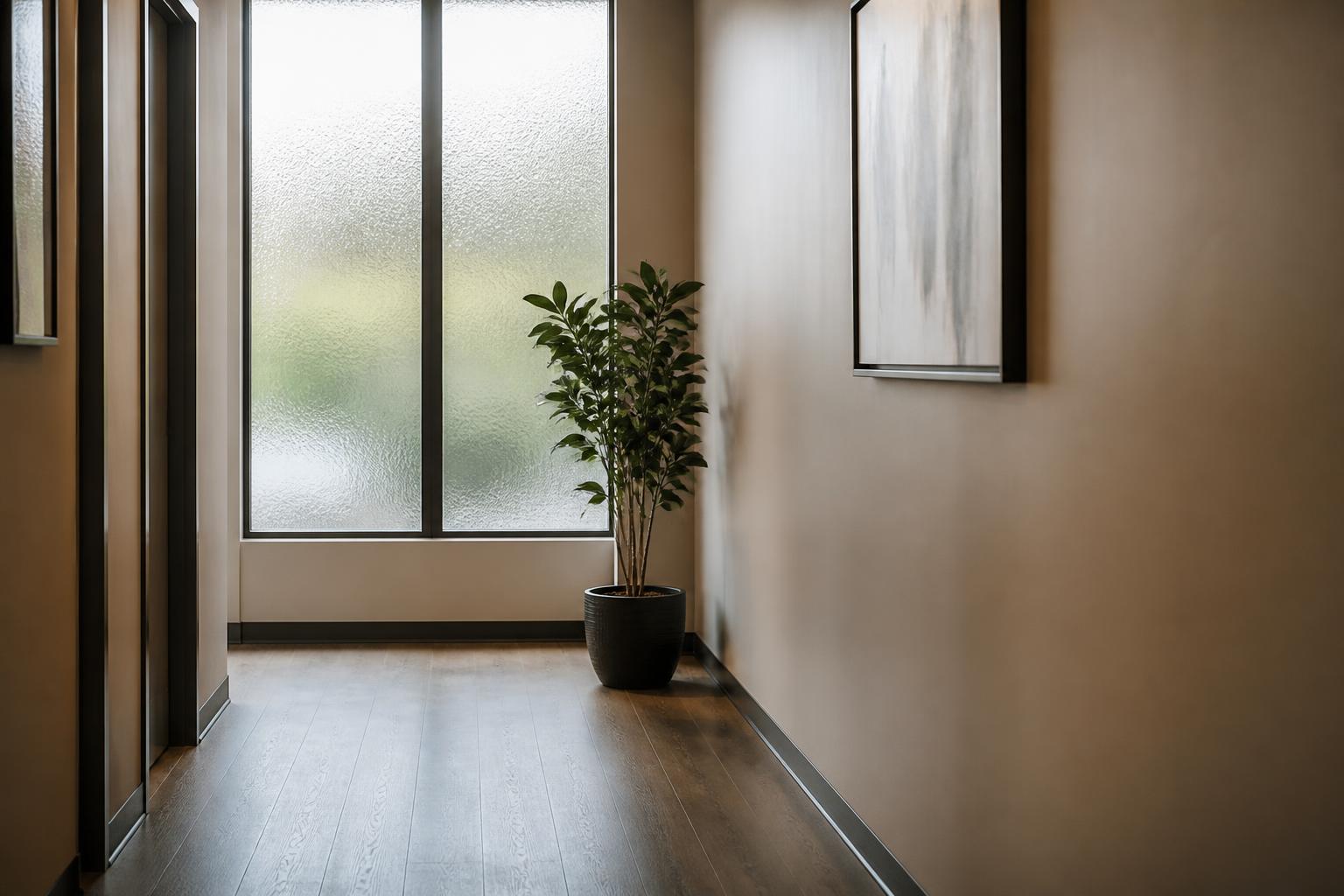 Calm clinic hallway with soft daylight and a potted plant