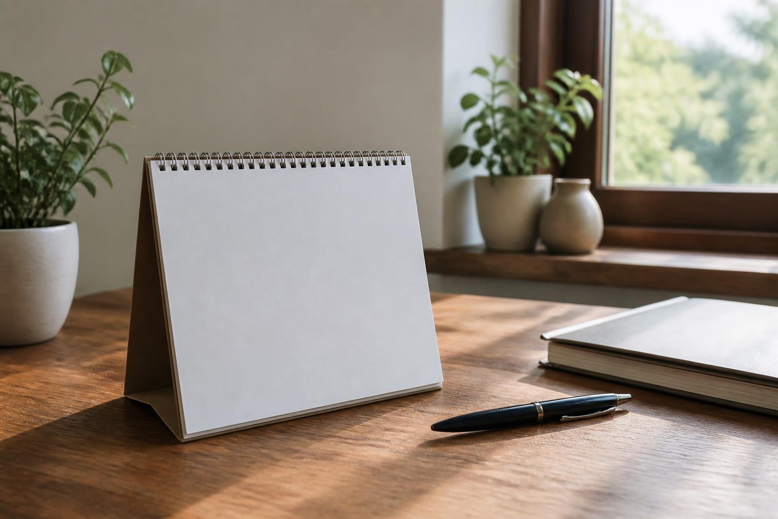 A blank desk calendar and pen on a sunlit wooden desk
