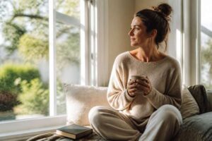 Woman relaxing calmly at home by a sunlit window during postpartum recovery