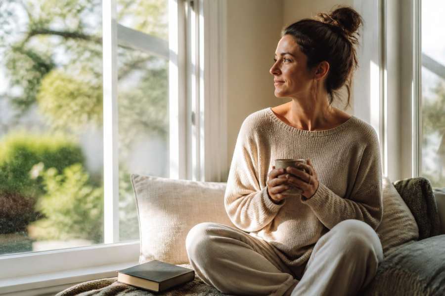 Woman relaxing calmly at home by a sunlit window during postpartum recovery