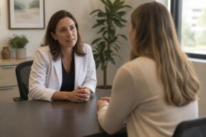 Female physician discussing symptoms calmly with a patient in a clinic office