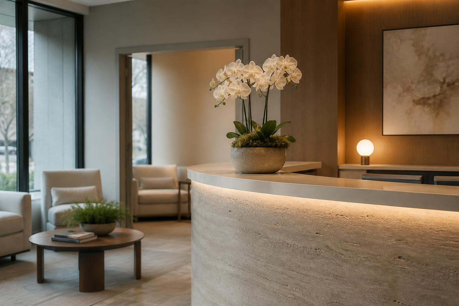 Warm, welcoming reception desk at a women's wellness clinic