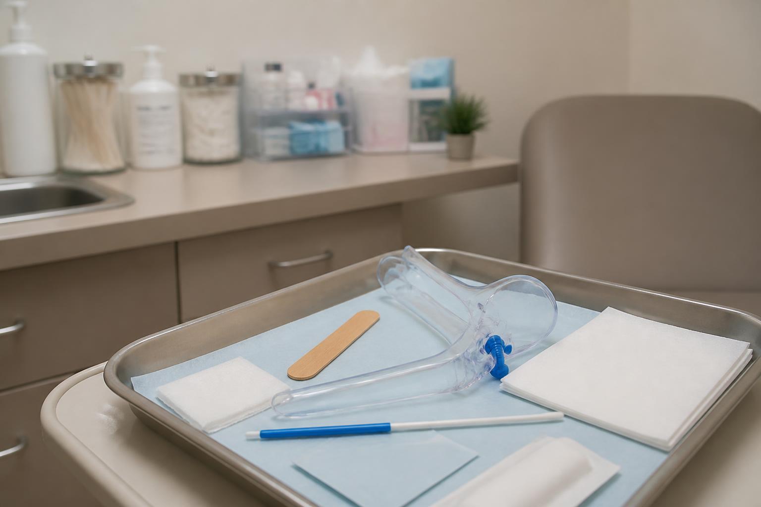 Illustration of examination supplies on a clinical tray
