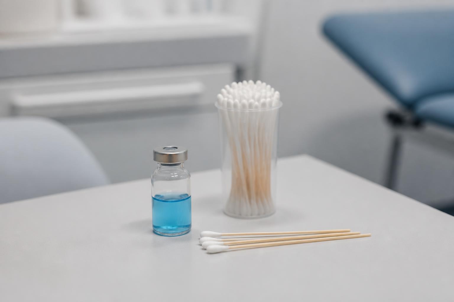 Illustration of a sample vial and cotton swabs on a counter