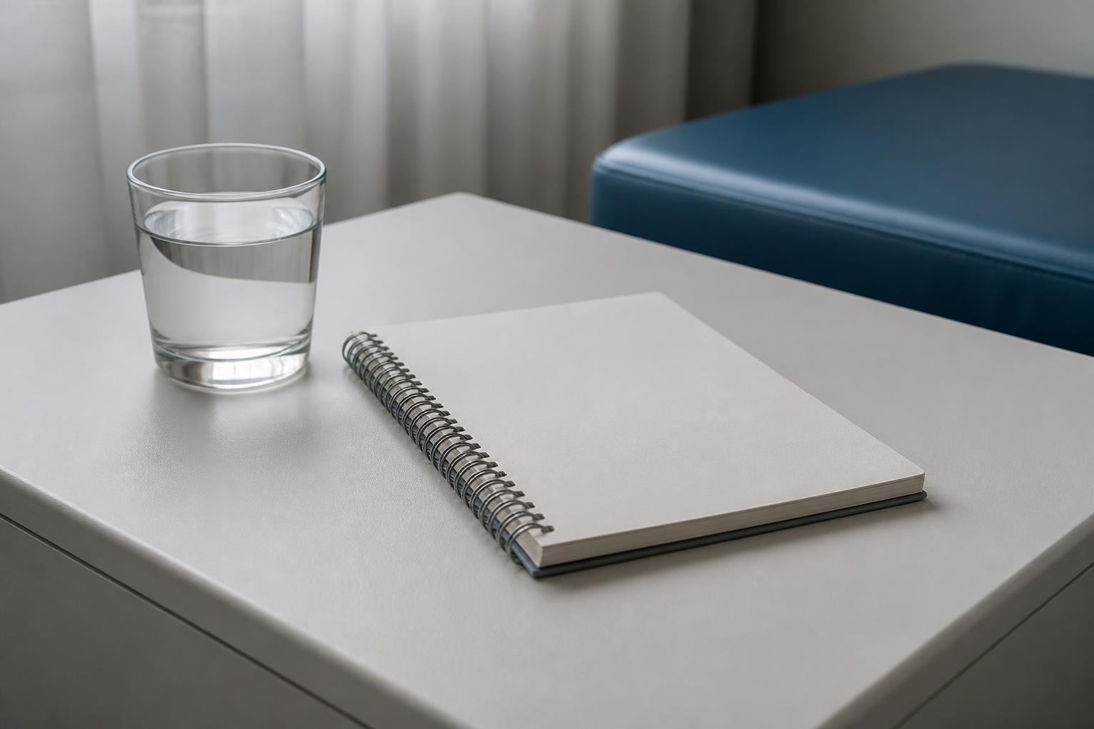 Illustration of a notebook and water glass on a side table
