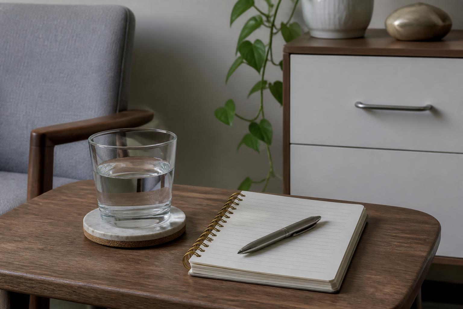 Illustration of a notebook and water glass on a side table