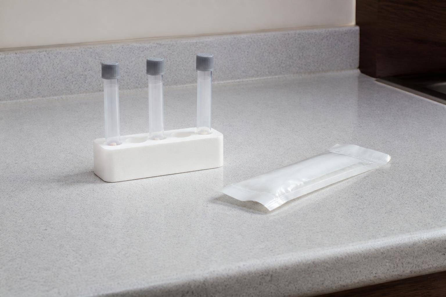 Illustration of capped sample tubes and a sealed pack on a clinical counter