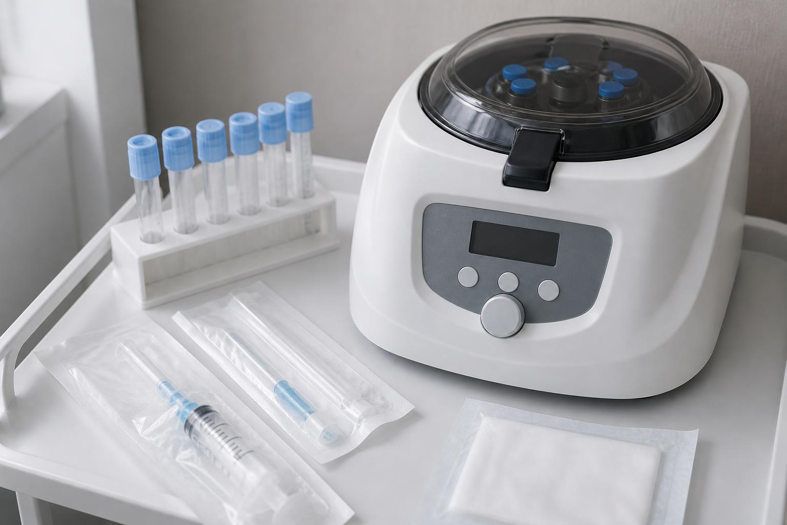 Illustration of a centrifuge and sterile supplies in a clinical setting