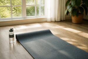Yoga mat and water bottle set up for gentle at-home pelvic floor exercise