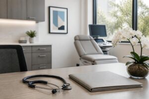 A modern OB/GYN medical consultation desk with a stethoscope and patient chart, representing FemRenew's clinical care setting