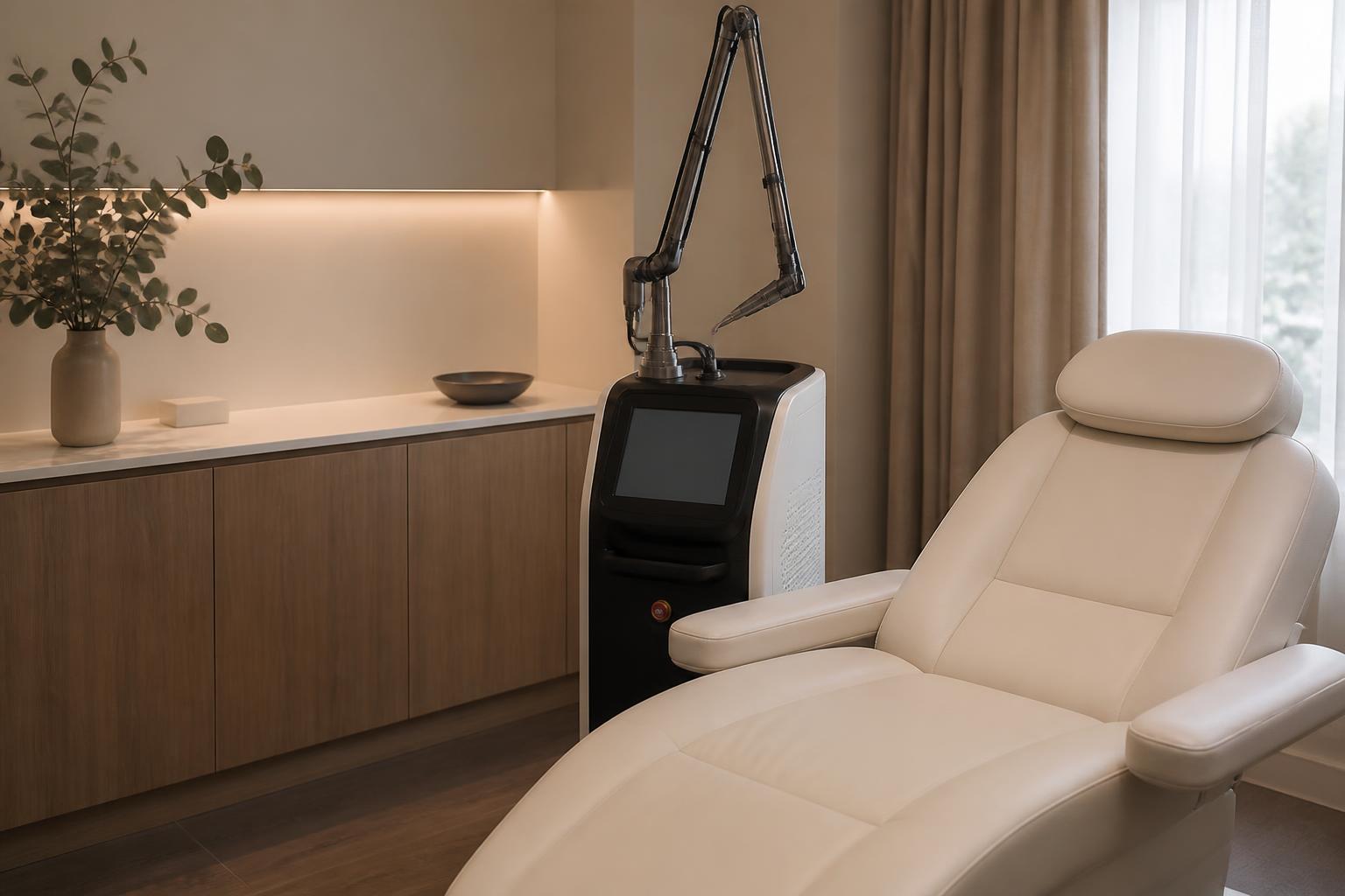 Private treatment room with a laser therapy device beside a treatment chair