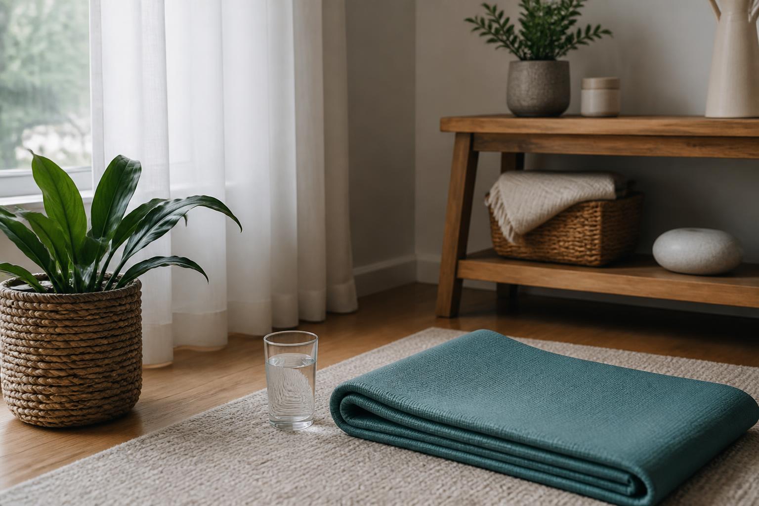 Folded exercise mat and water in a home wellness corner supporting pelvic floor habits