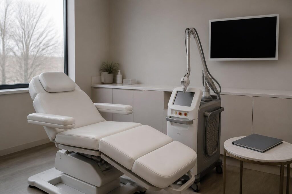 Laser therapy device console in a private FemRenew treatment room