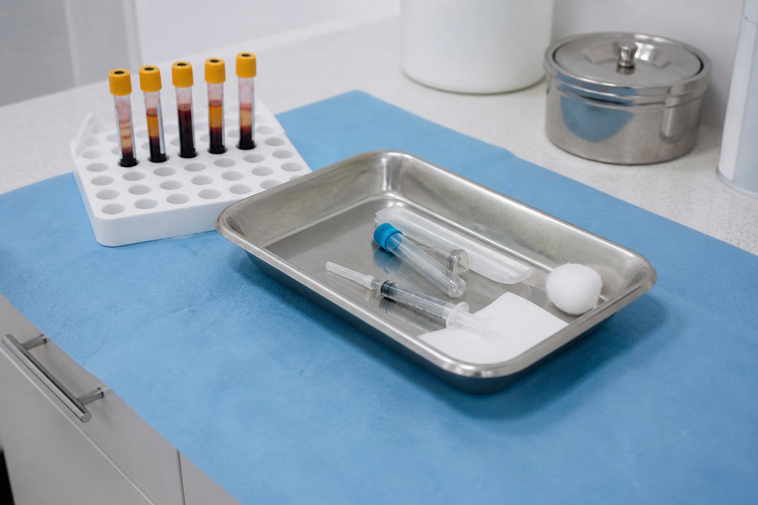 Illustration of a clinical tray with sample tubes and sterile supplies
