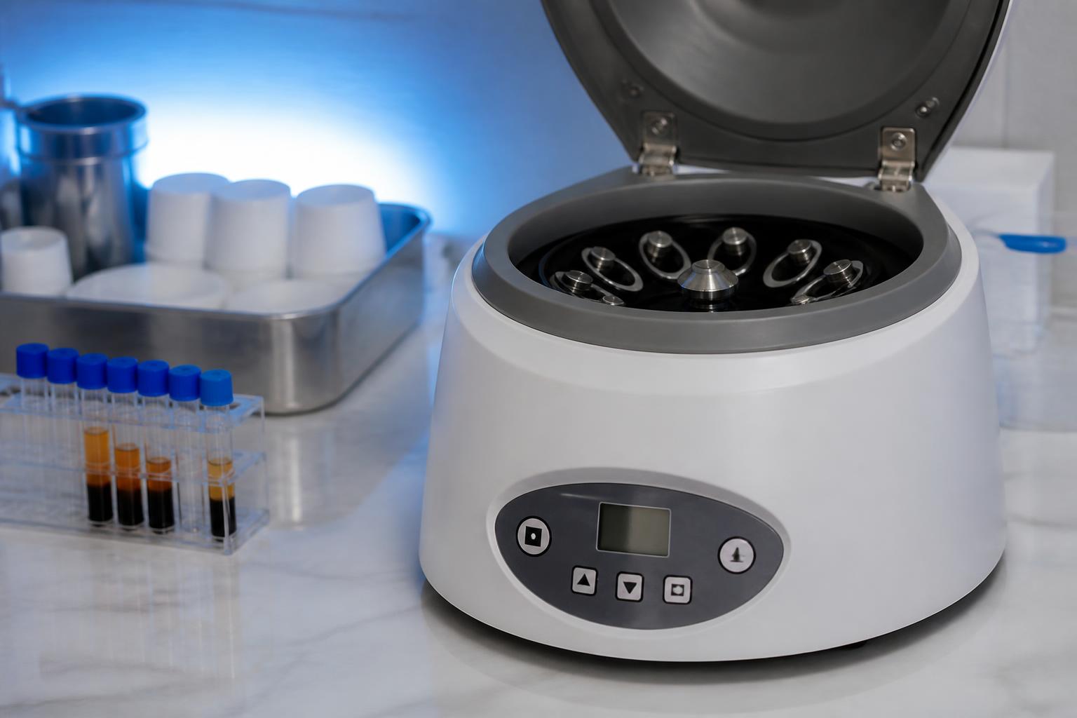 Illustration of a centrifuge and sample tubes on a laboratory counter